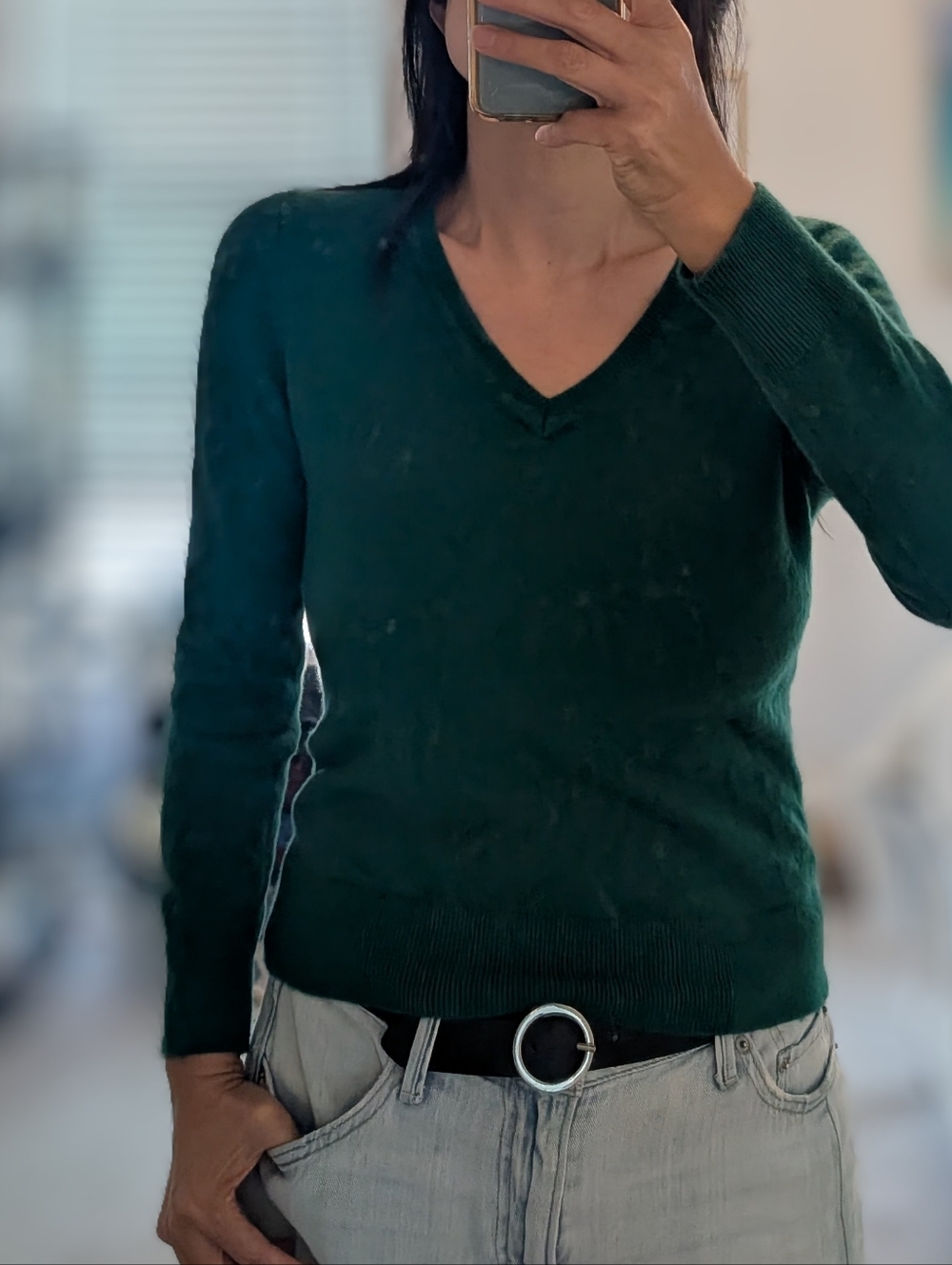 100% Cashmere Quince Women's V-Neck Sweater in Forest Green